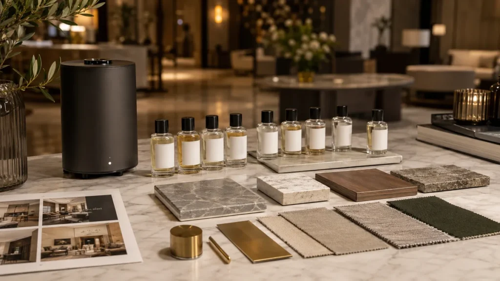 hotel scent wardrobe planning with fragrance samples and diffuser options for seasonal scent marketing