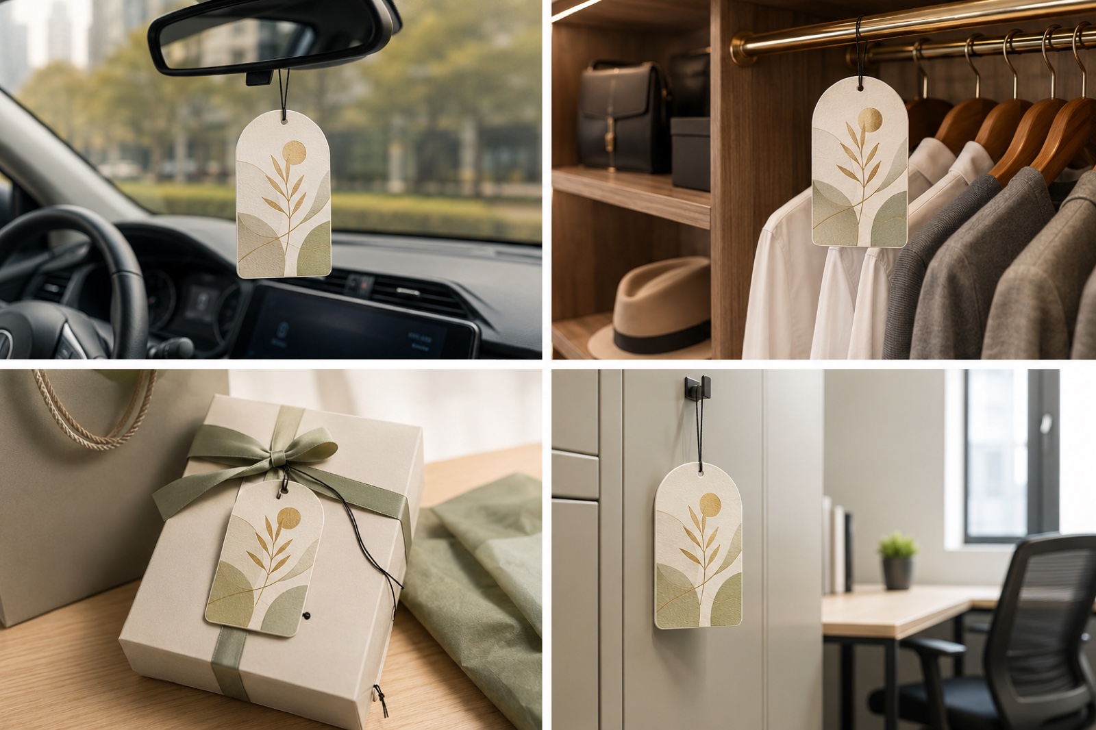 Hanging scented card applications in a vehicle, wardrobe, gift pack and locker