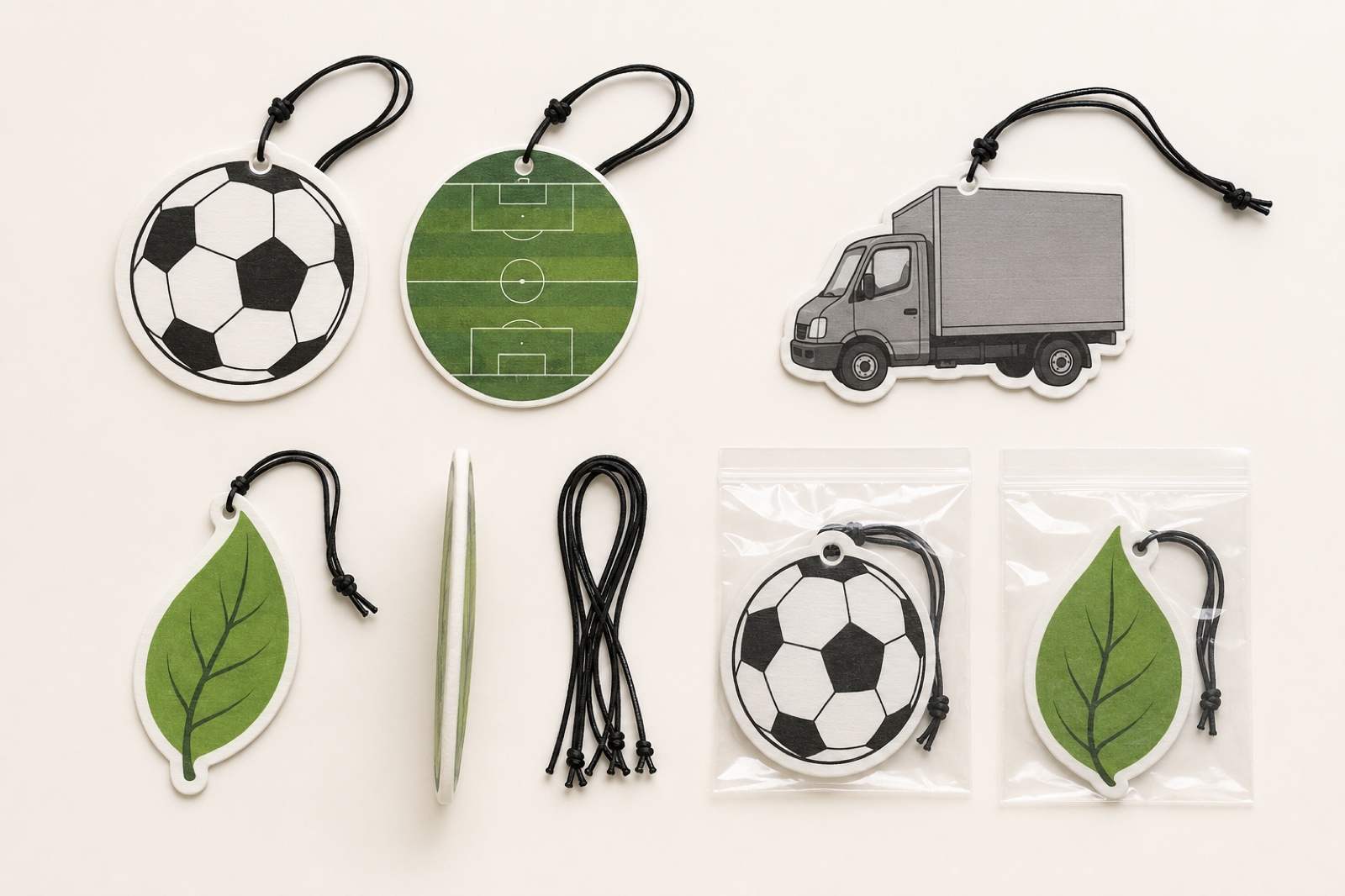 Custom shaped scented cards with cords and individual pouch packaging